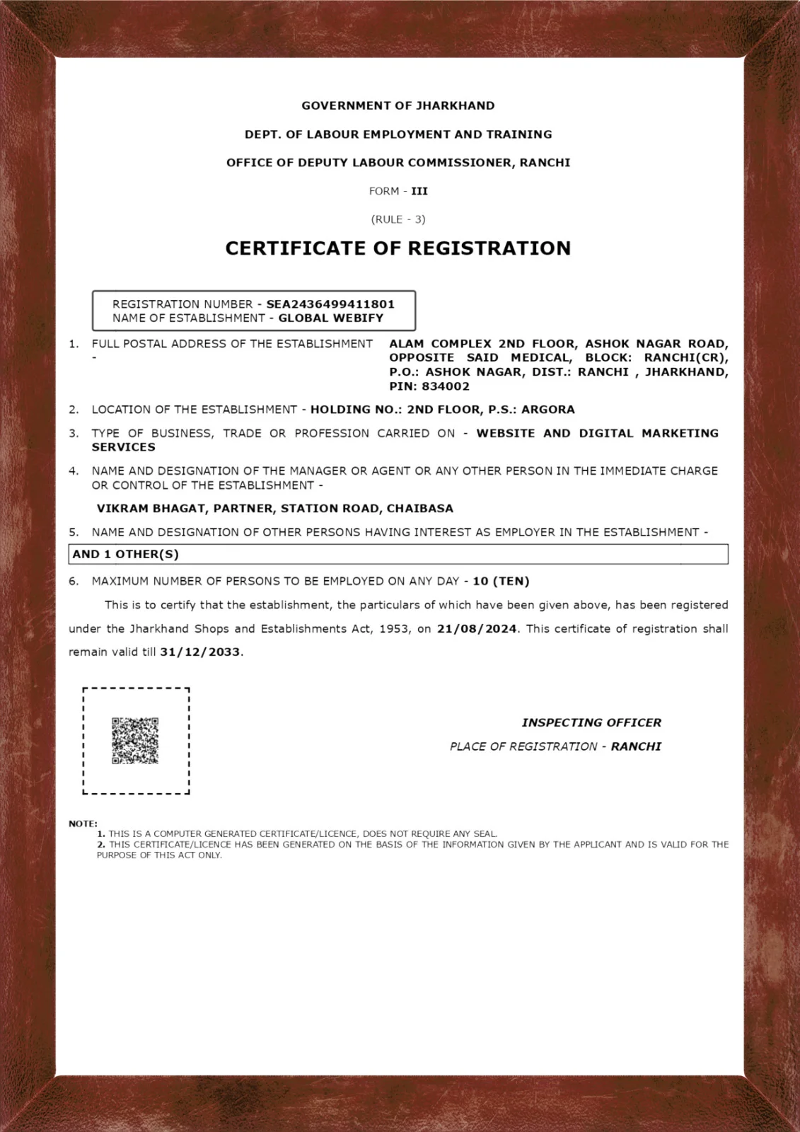 Shop & Establishment Registration Certificate